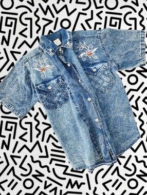Embroidered Acid-Wash Denim Shirt